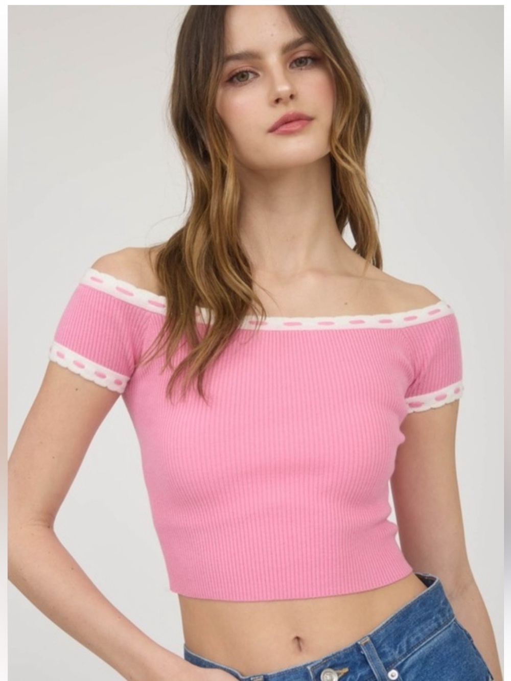 NWT The Workshop Pink Off Shoulder Rib Knit Coquette Crop Top Small